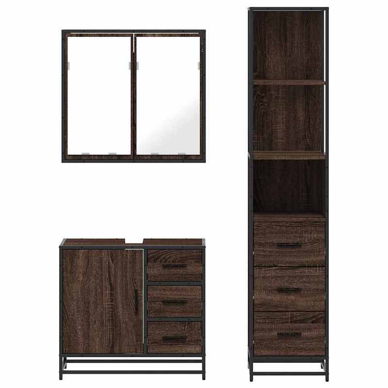 Badkamermeubel – Badmeubelset – Wastafelmeubel – Badkamerkast – Onderbouwkast – 3-delig – Bruine Eikenlook – Duurzaam Hardhout – Zonder Elektriciteit