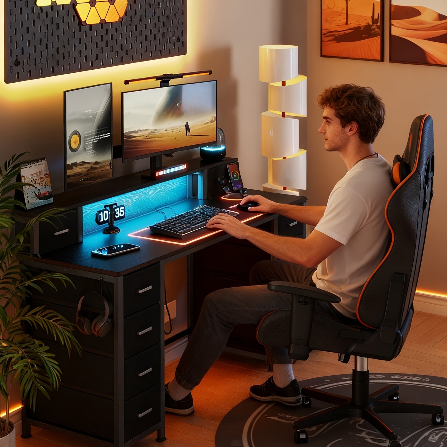 Gamingbureau – Computerbureau – Game Desk – Bureau – Bureautafel – RGB LED Verlichting – 156x48x91,5 cm – 10 Lades Met Monitorstandaard