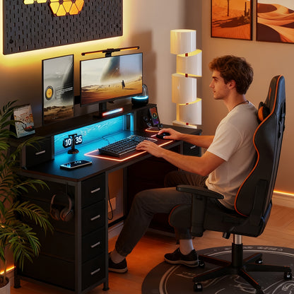 Gamingbureau – Computerbureau – Game Desk – Bureau – Bureautafel – RGB LED Verlichting – 156x48x91,5 cm – 10 Lades Met Monitorstandaard