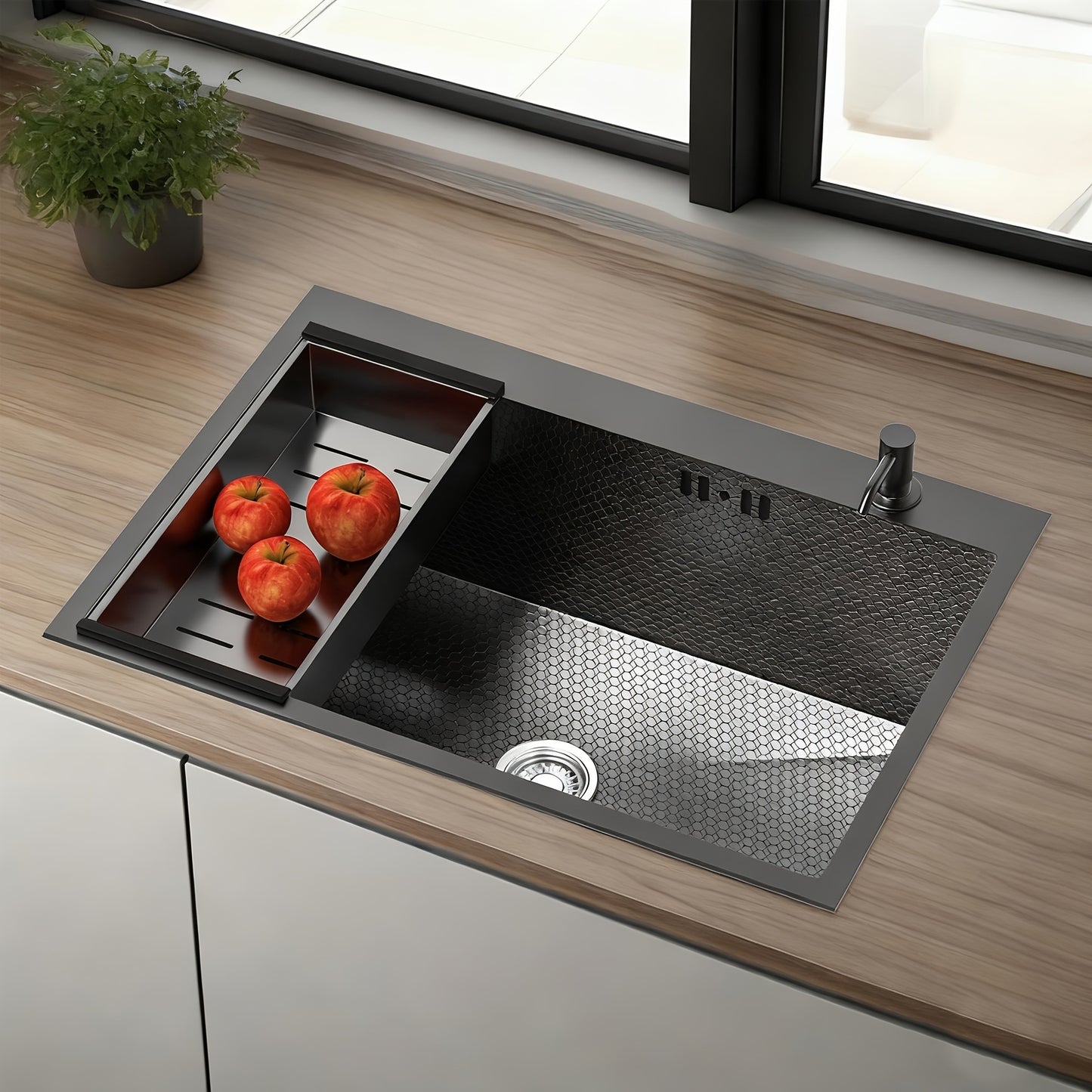 Zwarte Spoelbak Roestvrijstaal – Keukenspoelbak – Inbouwspoelbak – Onderbouwspoelbak – Enkele Bak – 80x50 cm – Geleverd Met Zeepdispenser & Afvoerbak – Mat Geborsteld Afgewerkt