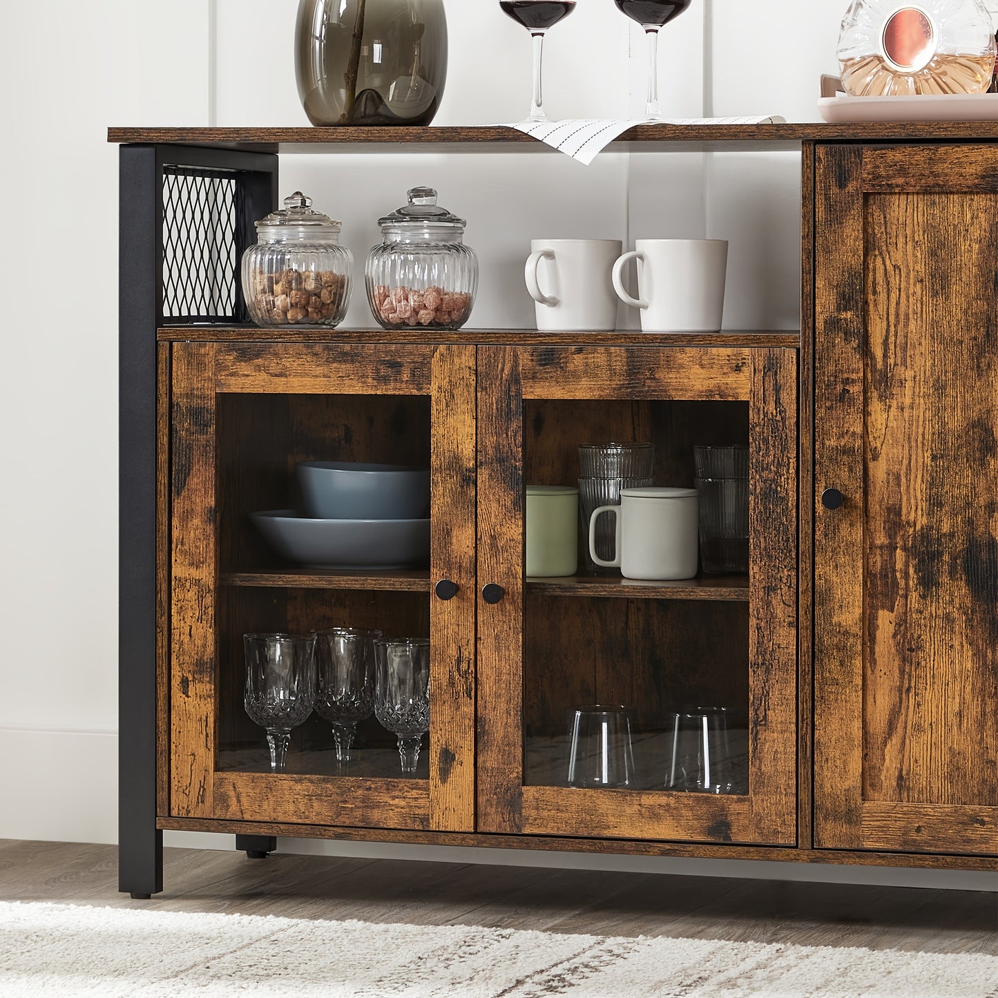 3-Door Industrial Style Buffet Table & Sideboard - 33 x 110 x 75cm, Hardwood Finish, Modern Minimalist Design for Dining Room, Living Room, Kitchen, Buffet Table for Dining Room, Kitchen Storage, Sleek Wooden Texture