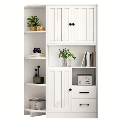 White Modern Corner Storage Cabinet with 3 Cabinets & 2 Drawers - Space-Saving Tall Bookshelf with Open Shelves & Closed Storage, Freestanding Floor Cabinet for Living Room, Hallway, Entryway - Easy Assembly, Classic Design,