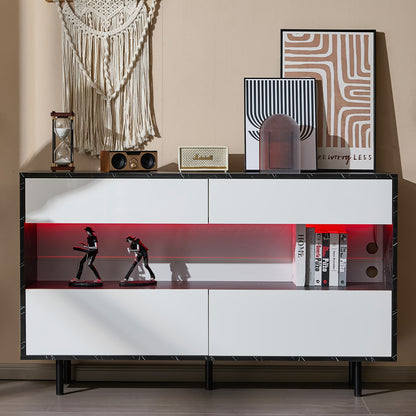 150 X 35 X 89.5 Cm Black Marble Design Sideboard With Open Storage Space, 4 Drawers, Sturdy Metal Frame And Anti-tilt Protection, Elegant Storage Furniture For The Kitchen And Living Room