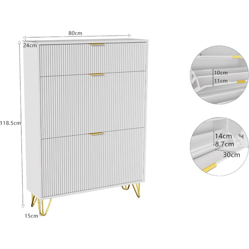 Schoenenkast – Schoenenrek – Schoenendresser – Schoenopberger – Halmeubel – 3 Lagen Opbergruimte – Wit MDF Met Goudkleurige Accenten – 80x24x118,5 cm Compact Formaat