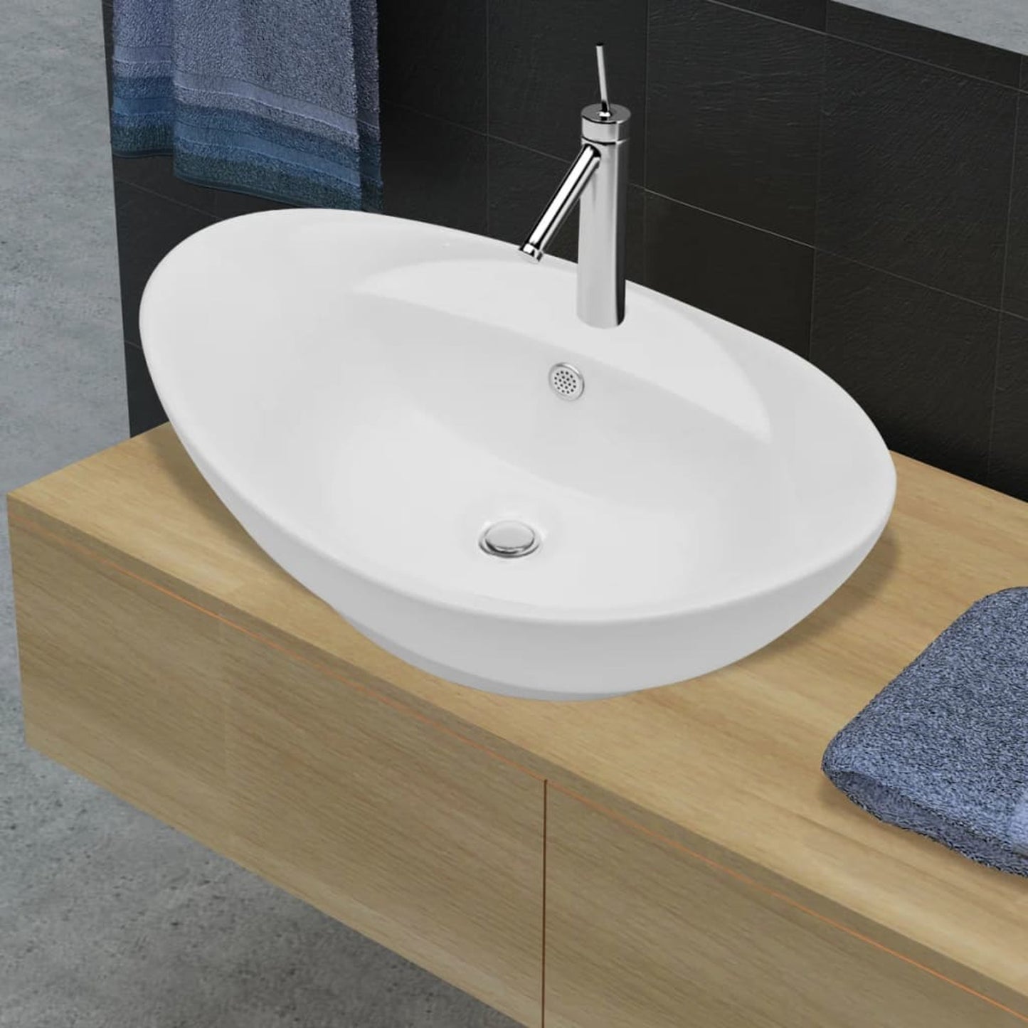Keramische Wastafel – Ovalen Wasbak – Lavabo – Badkamer Kom – Waskom Met Overloop – Met Kraangat – Hoogwaardig Materiaal – Moderne Luxe Design