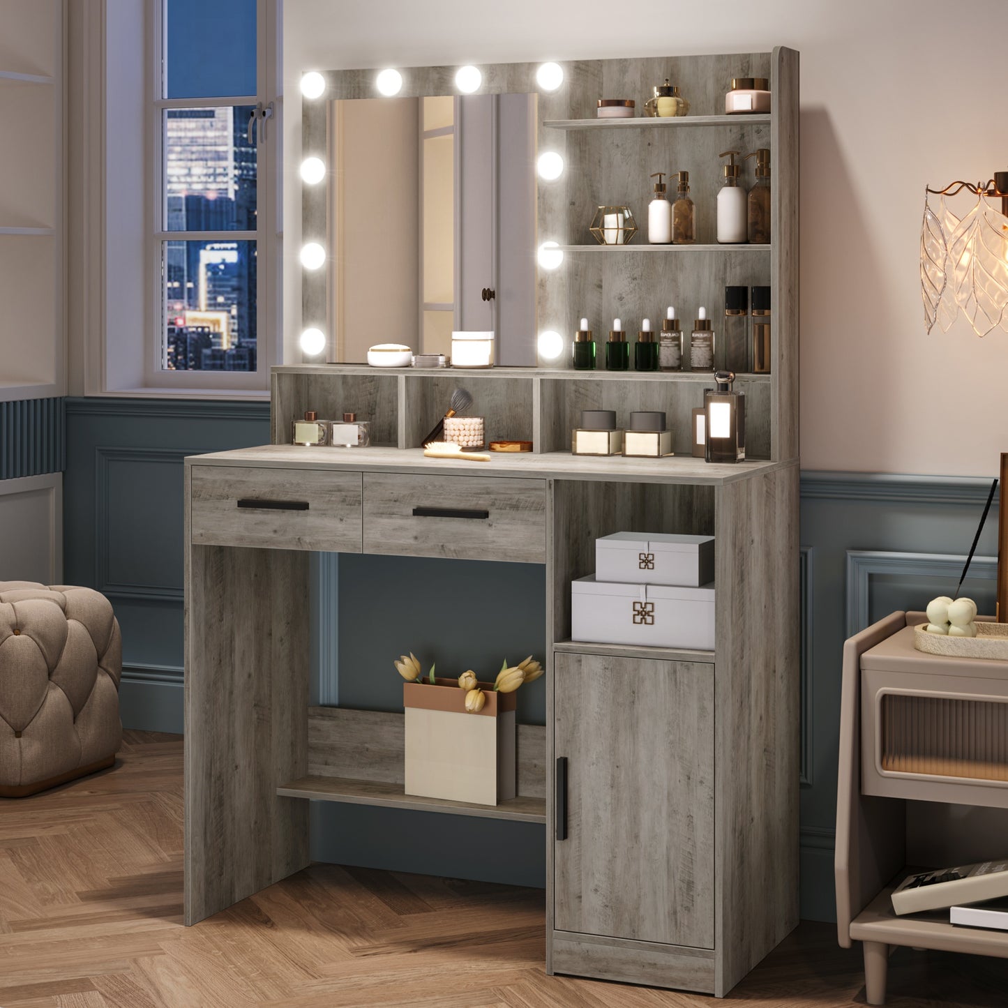 Make-up tafel – kaptafel – schminktafel – make-up bureau – toilettafel – verstelbare LED-verlichting – ruime opbergruimte met lades en kastje – zwart