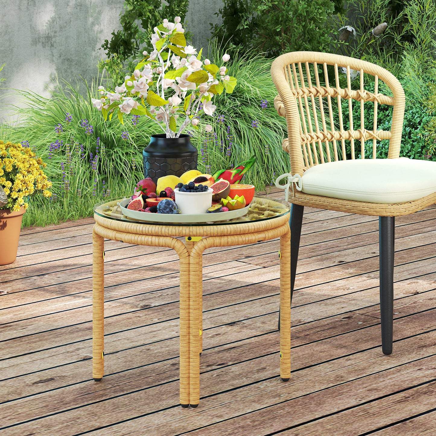 Bijzettafel – Bijzettafeltje – Nachtkastje – Salontafel – Side Table – Ronde Polyrattan Tafel – Veiligheidsglas – 50 cm Ø – Geel