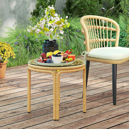 Bijzettafel – Bijzettafeltje – Nachtkastje – Salontafel – Side Table – Ronde Polyrattan Tafel – Veiligheidsglas – 50 cm Ø – Geel