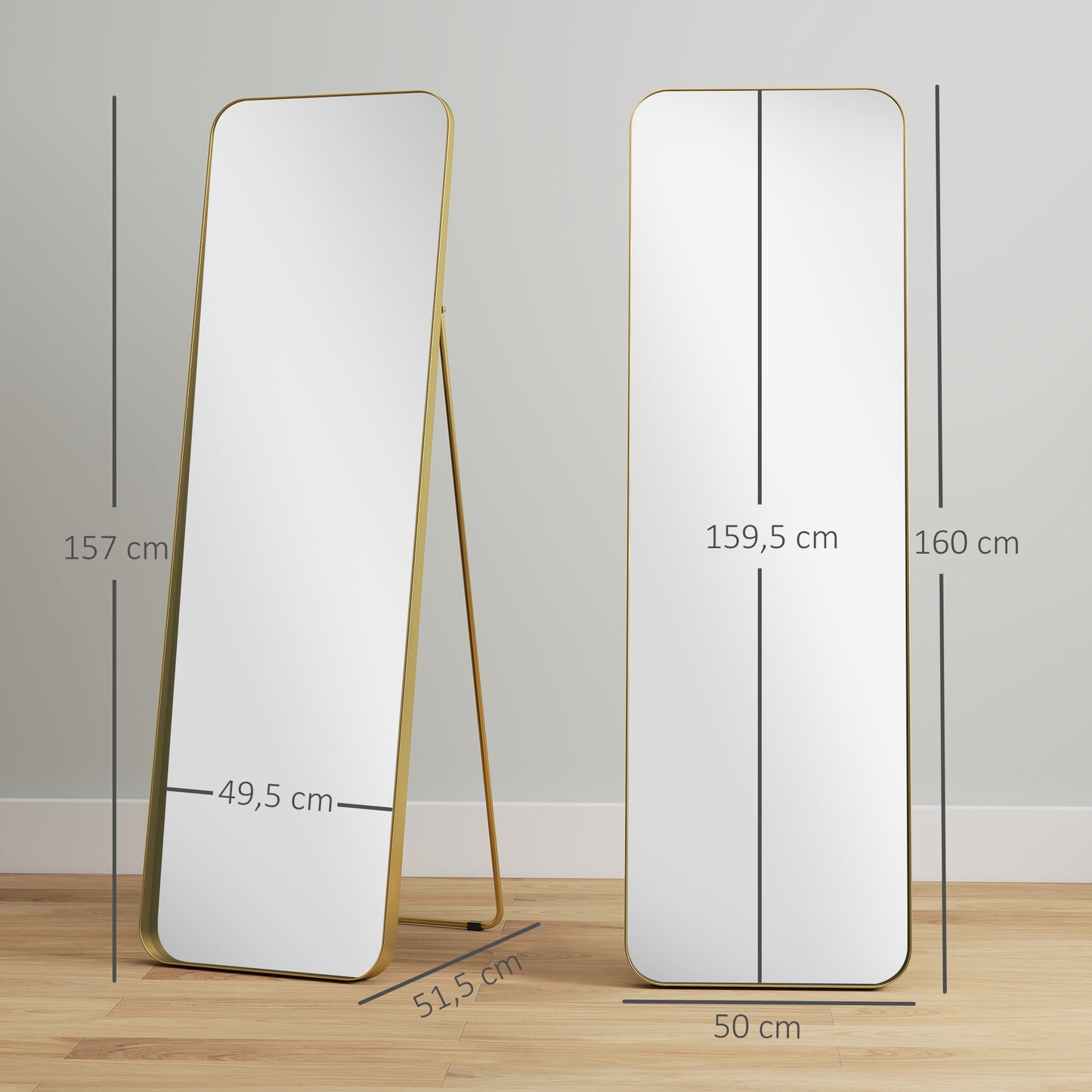 Staande Spiegel – Volledige Lengte Spiegel – Vloerspiegel – Vrijstaande Spiegel – Kantelbare Spiegel – Goud – Metaal Frame – 160x50 cm