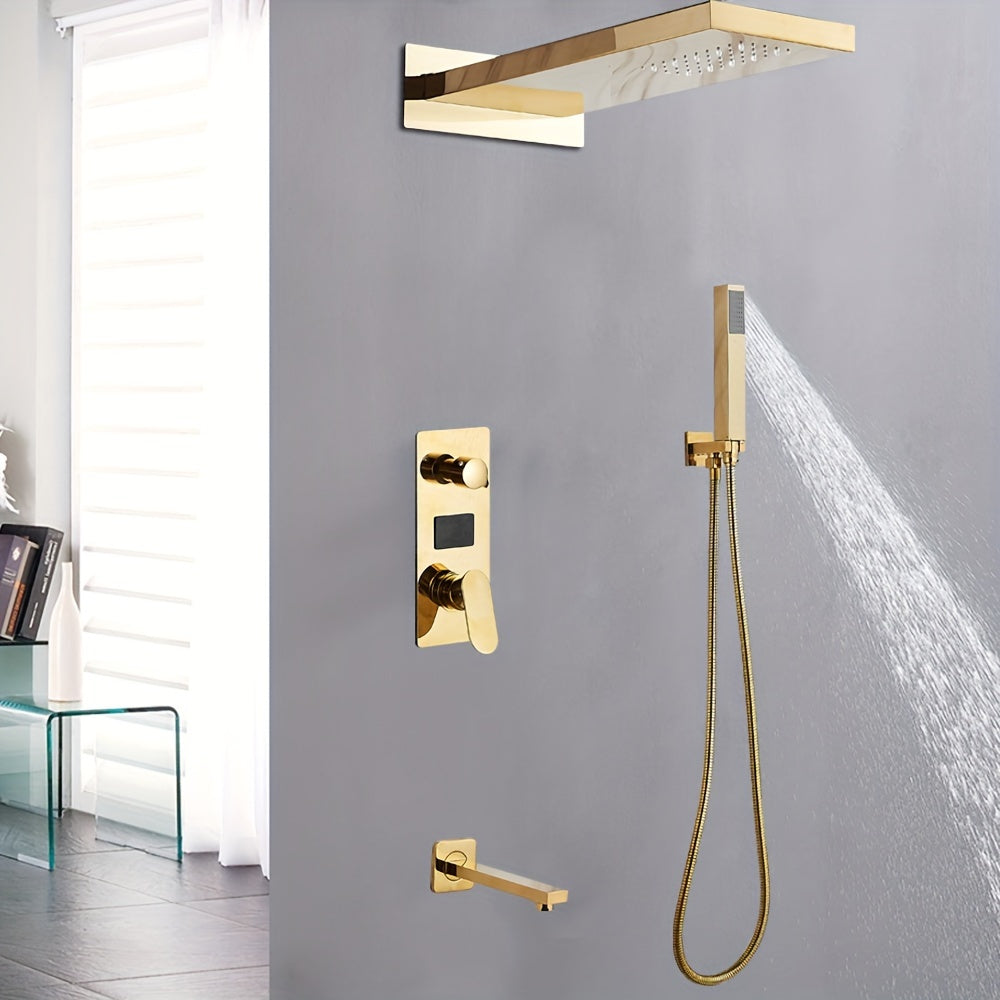 Doucheset – Douche Systeem – Douchekraan – Regendouche – Douchekolom – Thermostatisch Mengventiel – Messing Goudkleurig – LED Temperatuurindicatie
