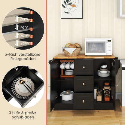 Mobiele Keukenwagen – Keukentrolley – Keukenkar – Keukenmeubel – Serveerwagen – 5 Verborgen Wieltjes – Rubbenhouten Werkblad 104x46 cm – Wit
