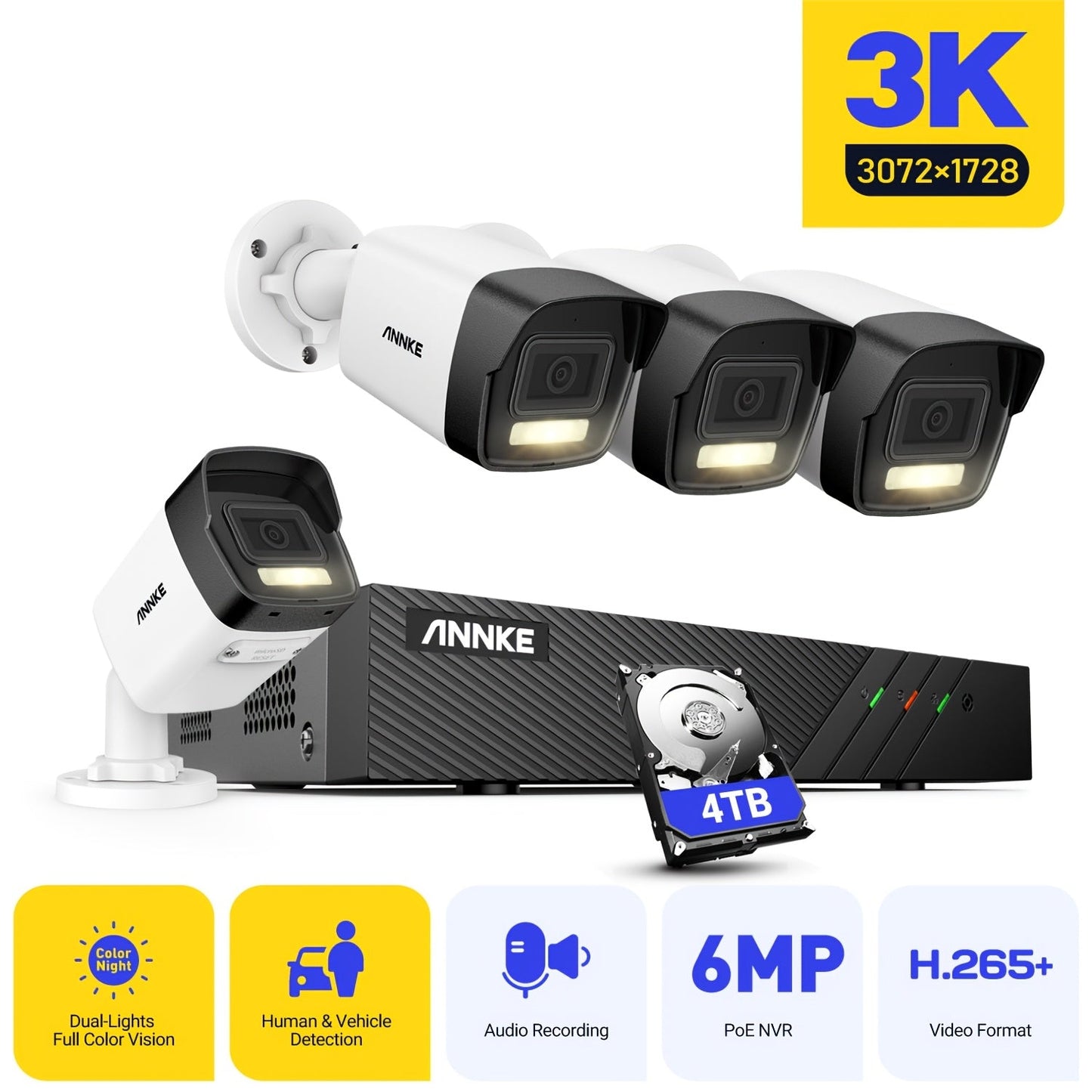 Bewakingscamera Set – Beveiligingscamera – Camerabewaking – CCTV Camera – Draadloze Beveiligingscamera – 4TB Opslag – Bekabelde Connectiviteit – Wit-Zwart