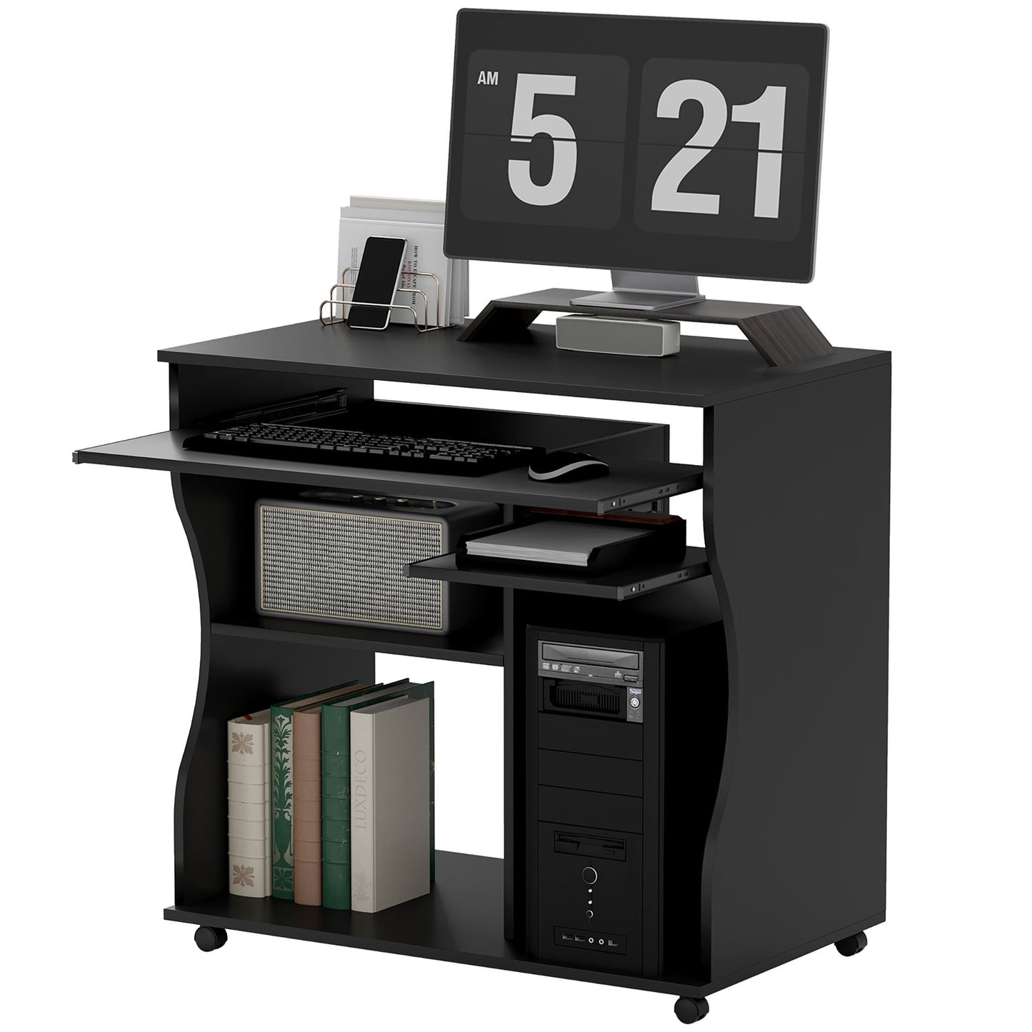 Computerbureau – Bureau Met Wieltjes – Mobiel Bureau – Werktafel – Laptoptafel – Zwart – Compact Formaat 80x48x75 cm – Ingebouwde Opbergruimte