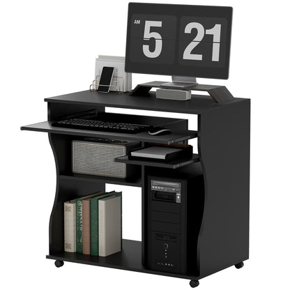 Computerbureau – Bureau Met Wieltjes – Mobiel Bureau – Werktafel – Laptoptafel – Zwart – Compact Formaat 80x48x75 cm – Ingebouwde Opbergruimte