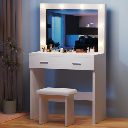 Kaptafel – Make-up Tafel – Opmaaktafel – Dresser – Cosmeticatafel – Wit – LED-Verlichting Verstelbaar – 2 Laden Opbergruimte