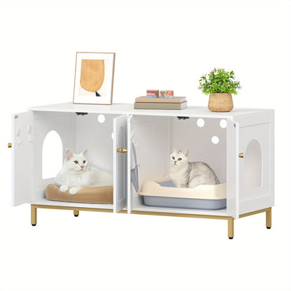 Kattenkast – Kattenmeubel – Kattenbakmeubel – Kattenhuis – Kattenbench – Voor 2 Katten – Verborgen Kattenbak – Wit Goud – Hout – Geschikt Voor Meeste Kattenbakken – 119 cm