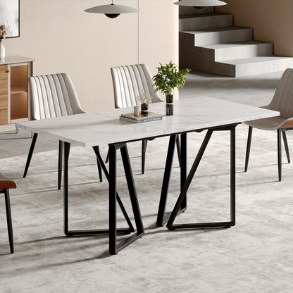 Eettafel – Eetkamertafel – Keukentafel – Uitschuiftafel – Bureaublad – Modern Design – Uittrekbaar Tafelblad – Verstelbare Pootjes – Marmerprint – MDF Wit met Gouden Accenten