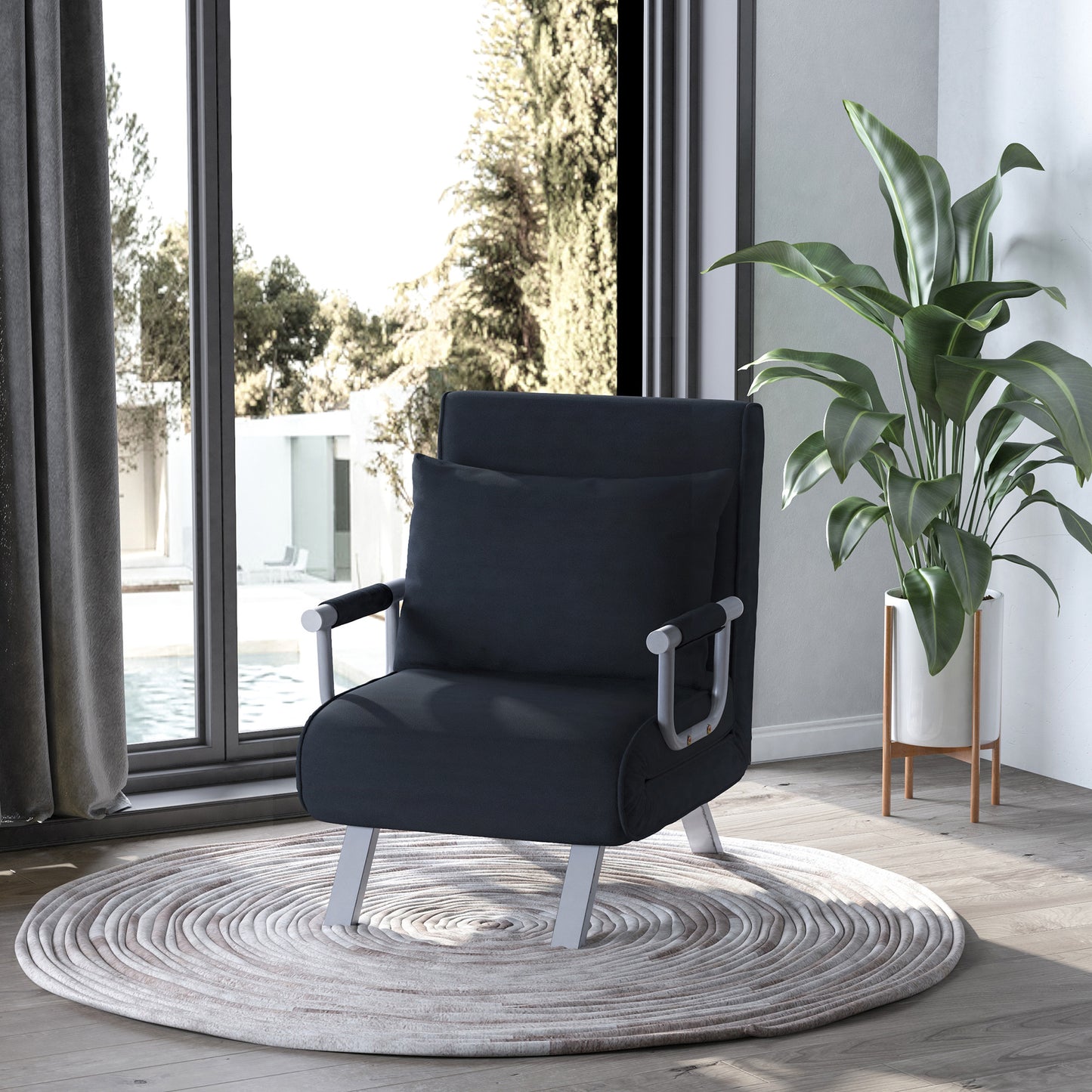 3-in-1 Slaapbank – Bedbank – Logeerbed – Fauteuil – Zitbank – Zwart – Ruimtelijk & Compact – Inclusief Comfortabel Kussen