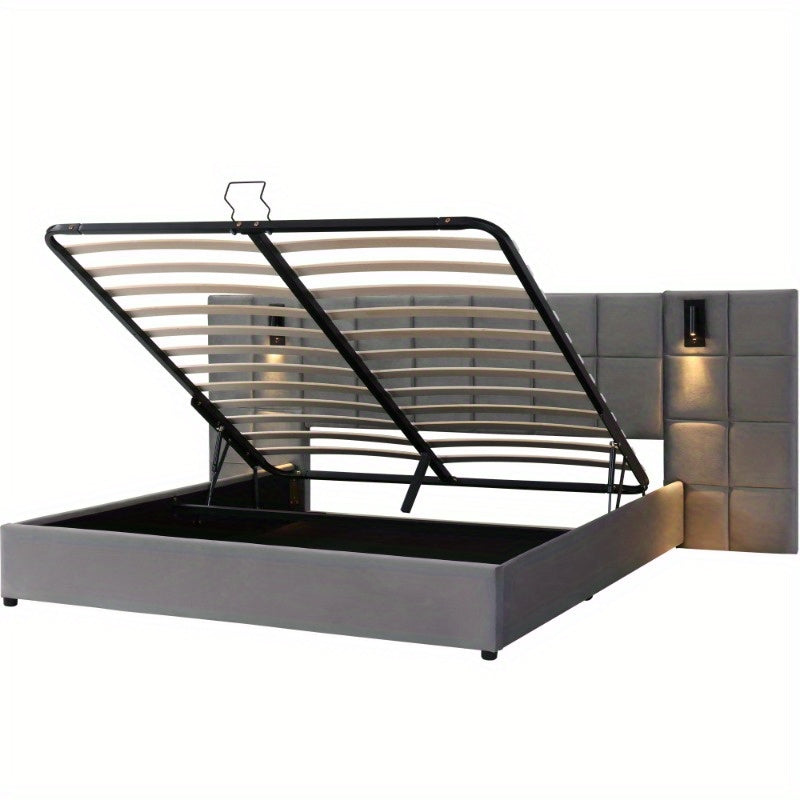Uitschuifbed – Opbergbed – Bed Met Opbergruimte – Slaapbed – Velours Bed – 180x200cm – Hydraulische Opbergruimte – Verstelbare Lamp