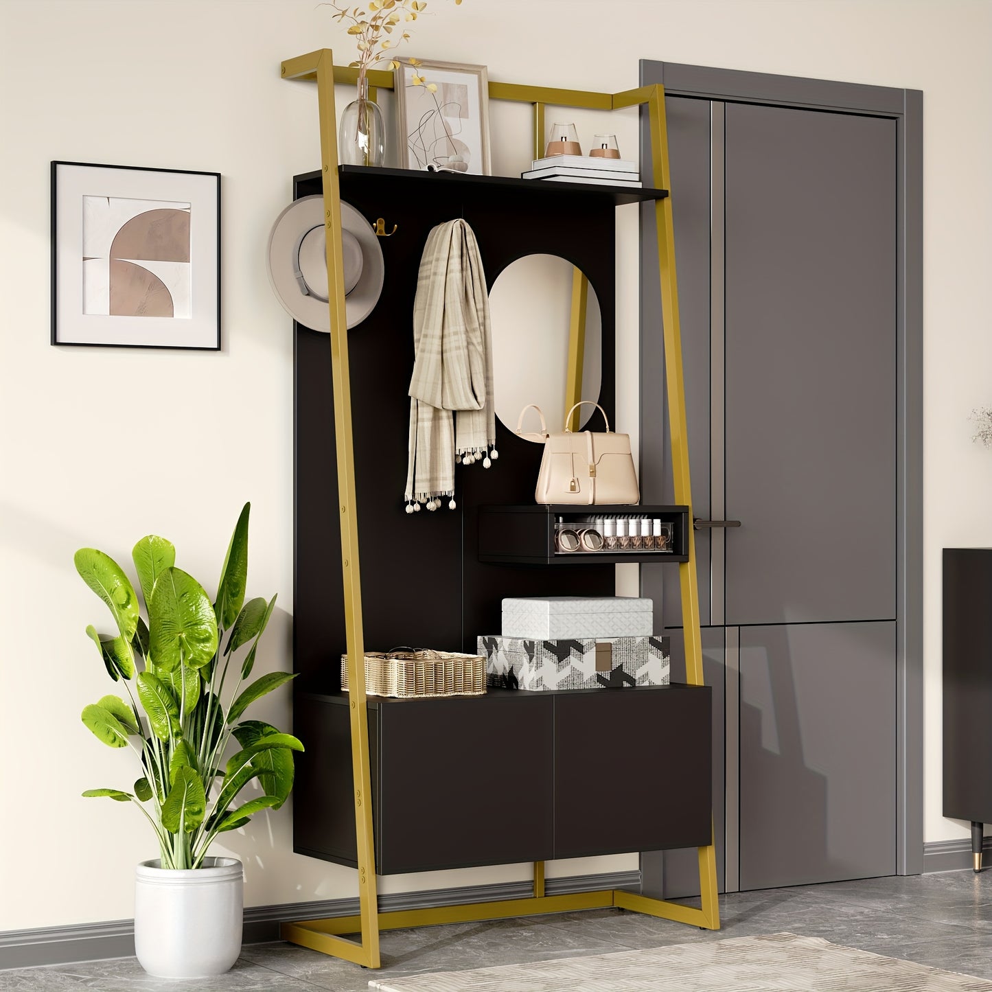 Multifunctionele Kast – Kledingkast – Schoenenbank – Spiegelkast – Opbergkast – Vrijstaand – Geen Montage – Ruimtebesparend – Duurzaam Niet-Houten Materiaal – Zwart