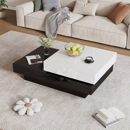 Salontafel – Woonkamertafel – Bijzettafel – Koffietafel – Tafel – Zwart-Wit Met Stiksels – Draaibaar Tafelblad – Hoogglans Afwerking – Dubbel Plateau – Geperst Hout