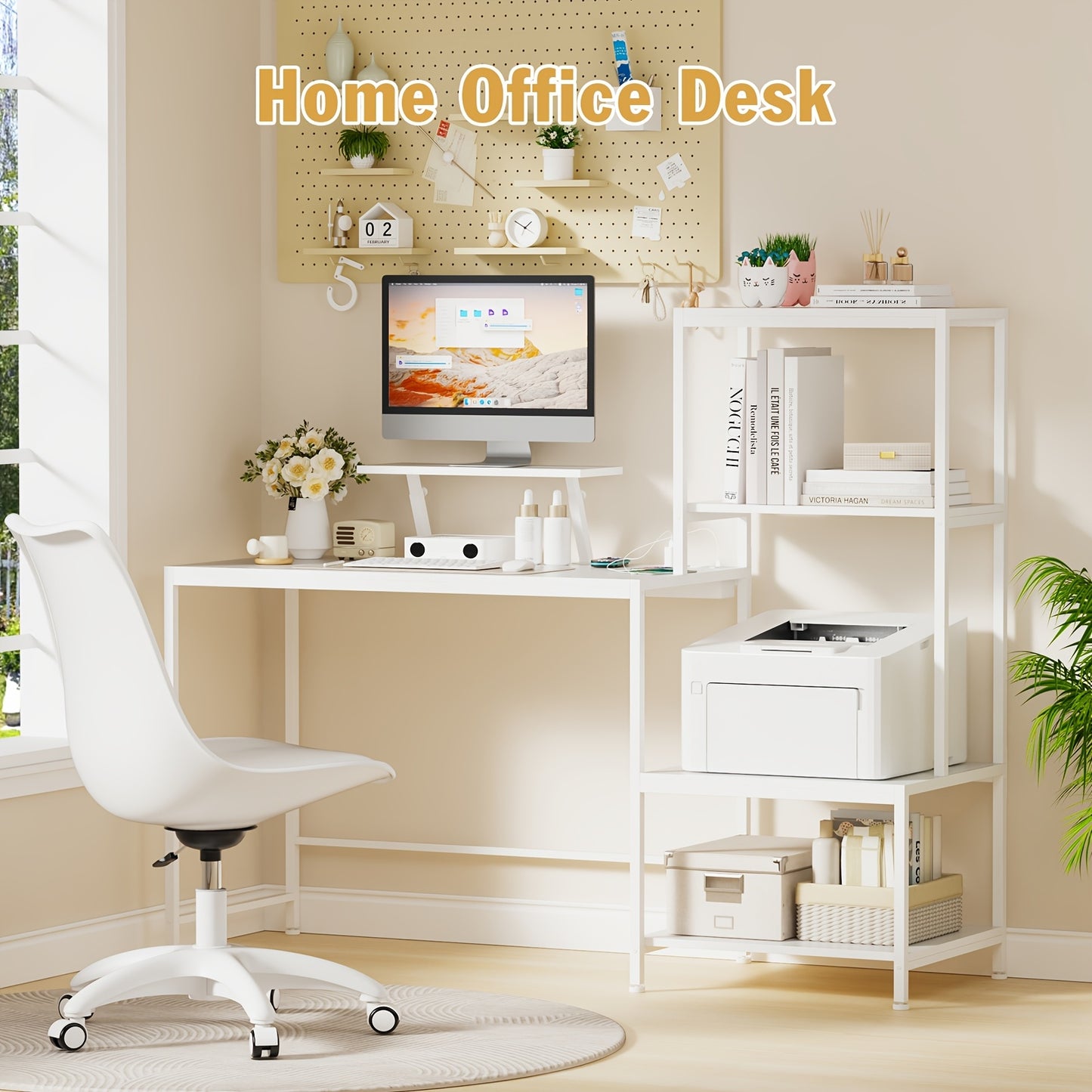 Bureau – Studietafel – Computertafel – Werkplek – Schrijftafel – Massief Houten Blad – Stevig Metalen Frame – Wit – Ruimtebesparend – Krasbestendig