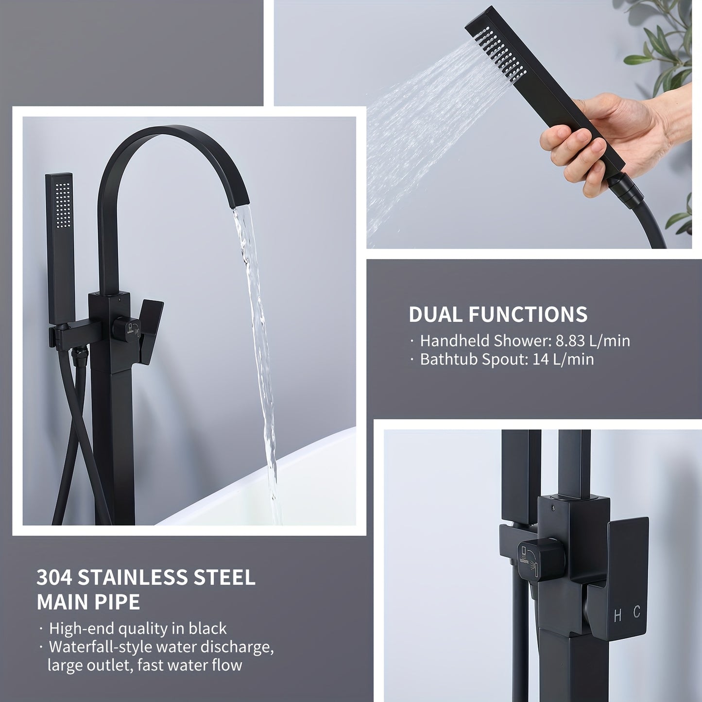 Modern Black Freestanding Bathtub Faucet with Brass Waterfall Spout & Hand Shower - 360° Swivel Spout, Floor-Mounted Design, Copper Valve Core, Easy Installation (No Batteries/Electrical Required), G3/8 Connections, Painted