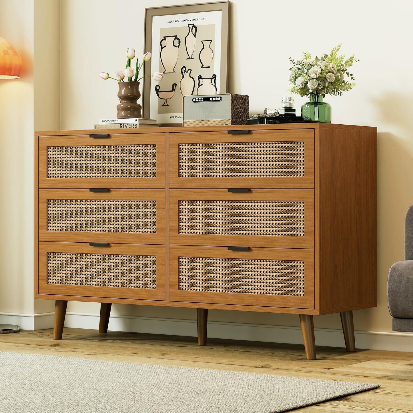 Ladekast – Ladenkast – Dressoir – Opbergkast – Kast – Walnootkleurige MDF Ladekast Met 6 Lades – Metalen Handgrepen – Massief Houten Poten – Retro Design – Geen Montage Nodig