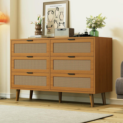 Ladekast – Ladenkast – Dressoir – Opbergkast – Kast – Walnootkleurige MDF Ladekast Met 6 Lades – Metalen Handgrepen – Massief Houten Poten – Retro Design – Geen Montage Nodig