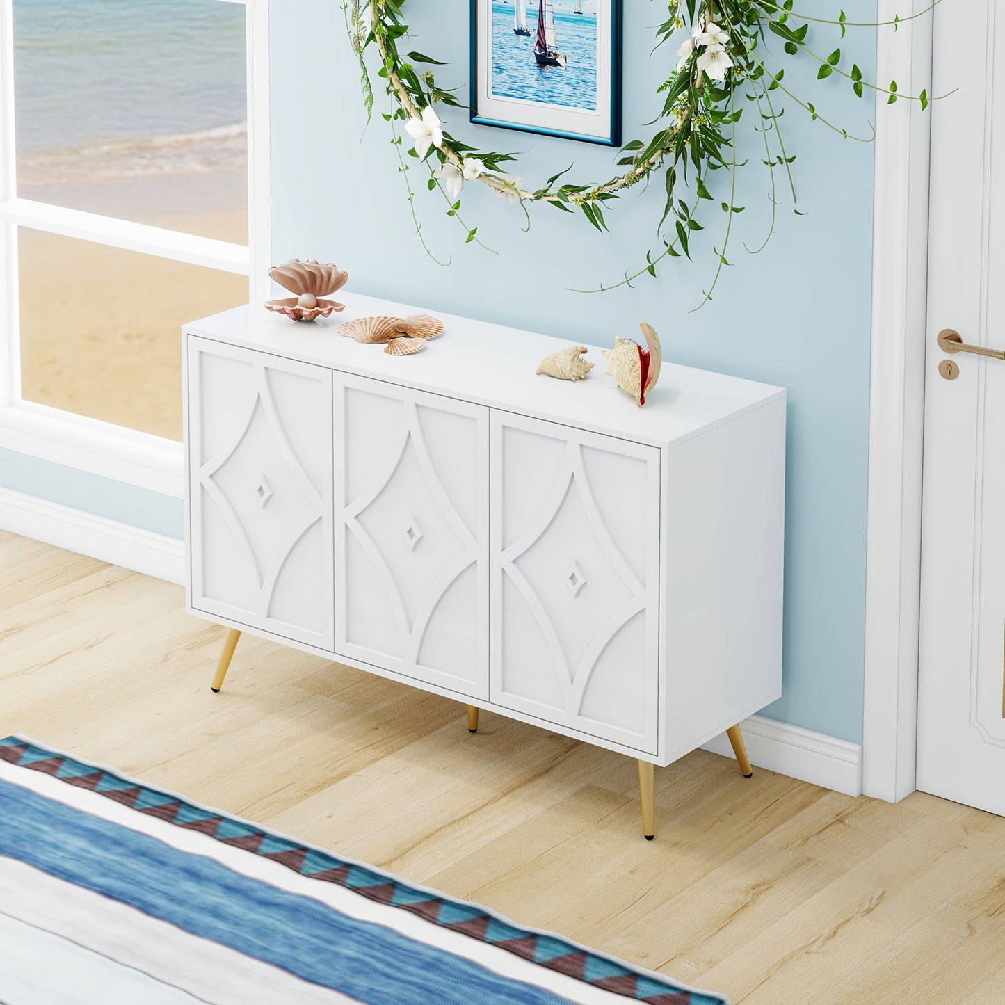 Modern White Metal Storage Cabinet with 3D Carved Pattern Doors & Golden Legs - Large Contemporary Sideboard with 3 Doors, Spacious Multi-Compartment Design for Living Room, Hallway, Bedroom - Durable Metal Construction, Eleg