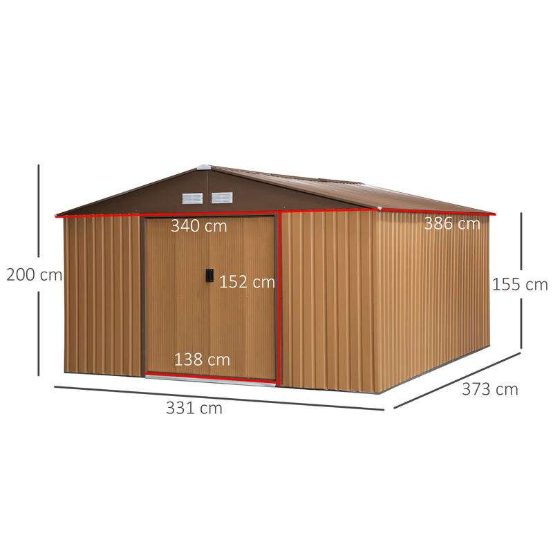 Steel Tool Shed 20m³ Garden Storage Shed Bike Shed Brown 340 x 386 x 200cm, Temporary and Removable, Backyard Organization, Outdoor Storage, Compact Design, Durable Shelter, Rustproof Housing, Metal Shed, Storage Solution, O