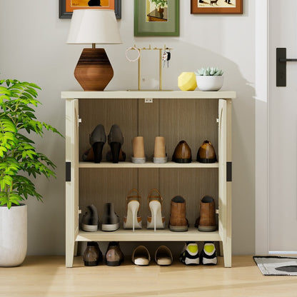 Modern Natural Rattan Storage Cabinet with Two Doors - Curved Sideboard or China Cabinet, Sturdy Metal Frame, Open Shelf & Closed Storage Compartments, Space-Saving Entryway, Living Room, Dining Room, Kitchen Organizer - No A