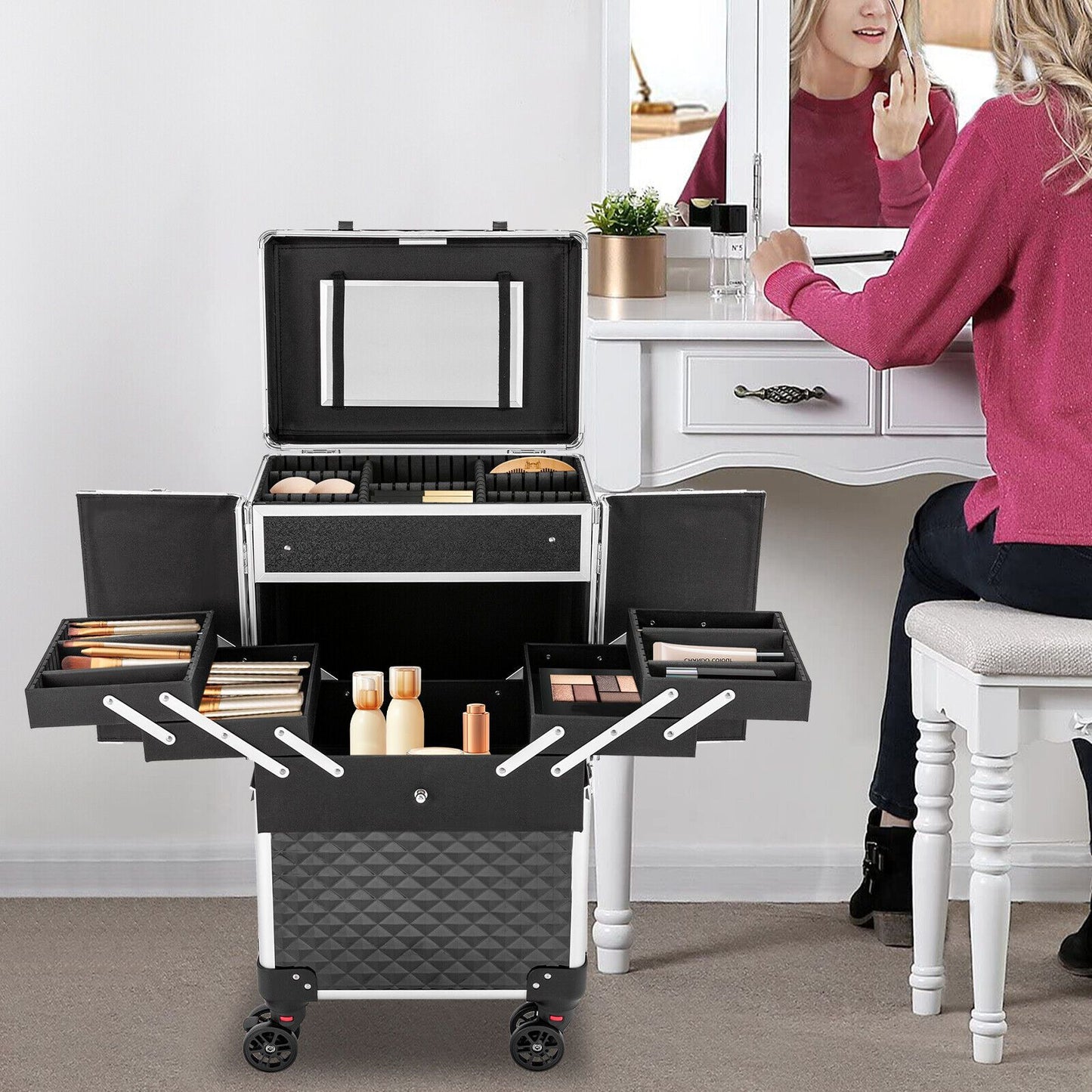 Make-upkoffer – Make-up Trolley – Make-up Organizer – Cosmetica Koffer – Make-up Case – Ruime Indeling Met Uitneembare Trays – Stevig ABS Materiaal Met Verstelbare Trolleystang