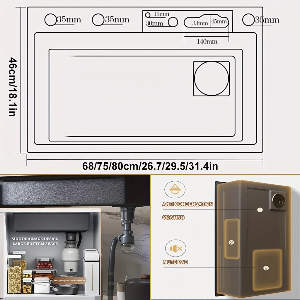 Waterval Spoelbak RVS – Enkele Spoelbak – Keukenspoelbak – Caravan Spoelbak – Enkele Kom – Uittrekbare Watervalkraan – Ingebouwd Display – 76,2 x 45,97 x 20,5 cm – Onderbouwmontage