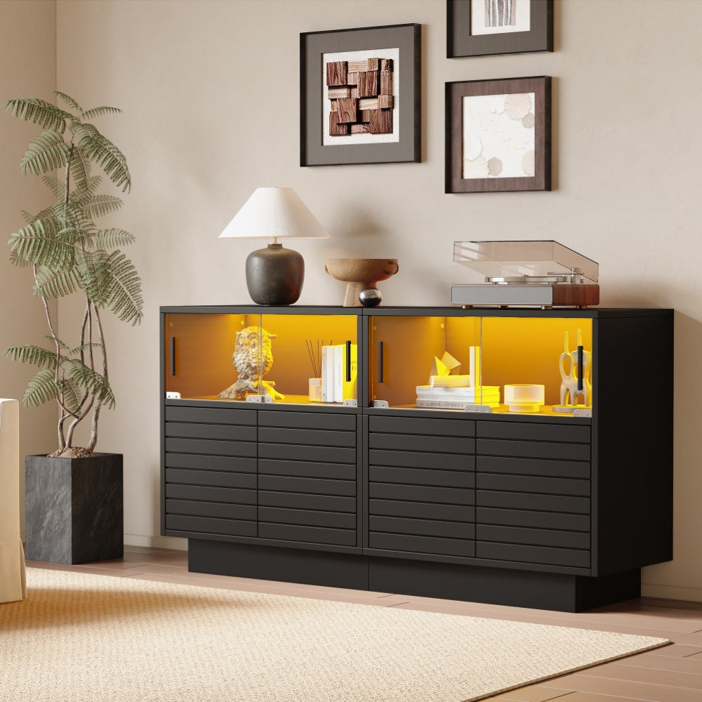 Buffet, Buffet | 130*35*68 Cm | Featuring 2 Cabinets | 4 Sections | Glass Doors | Width 130 Cm | Buffet, Lounge Cabinet | Ample Storage Capacity | Contemporary Tall Cabinet