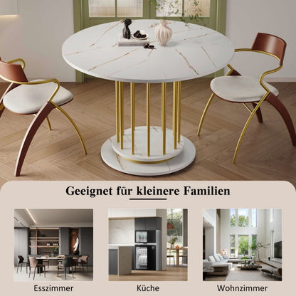 Ronde Eettafel – Ronde Tafel – Eetkamertafel – Keukentafel – Kleine Tafel – Marmerlook Blad – Stevig Metalen Frame – 100 cm Diameter – 4-6 Personen