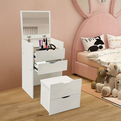 Kaptafel – Make-up Tafel – Cosmeticatafel – Opmaaktafel – Vanity Set – Kantelbare Spiegel – Verborgen Krukje – 3 Lades – MDF – Compact Design – Wit