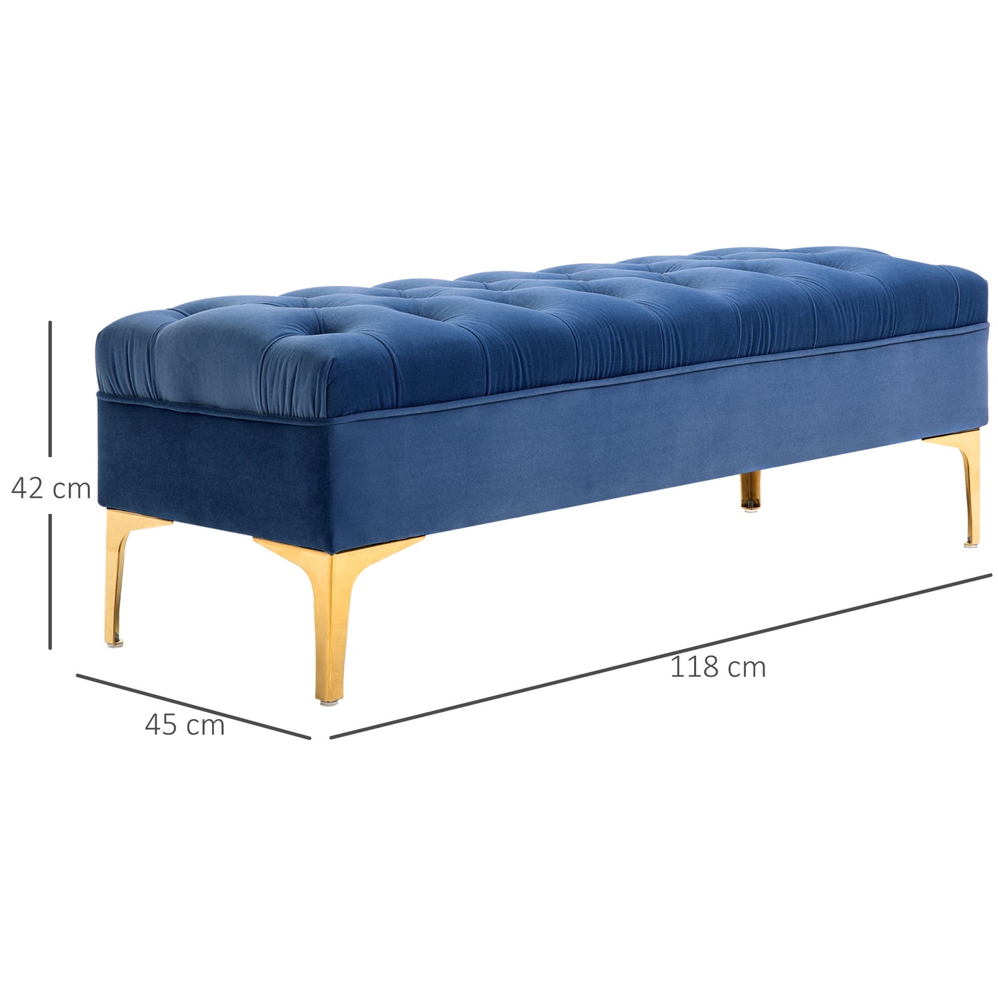 Opgevulde Opbergbank – Slaapkamerbank – Poef – Bedbank – Zitbank – Blauw Fluwelen Bekleding – Gouden Metalen Poten – Compact 118x45x42 cm – Hoog Comfort