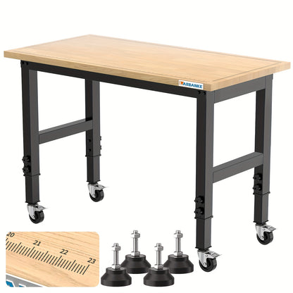 Adjustable Workbench 120cm, Wooden Workstation with Graduated Lines, 85-105cm Heights, 900kg Load Capacity, Heavy Duty Workbench with Wheels And Footrest