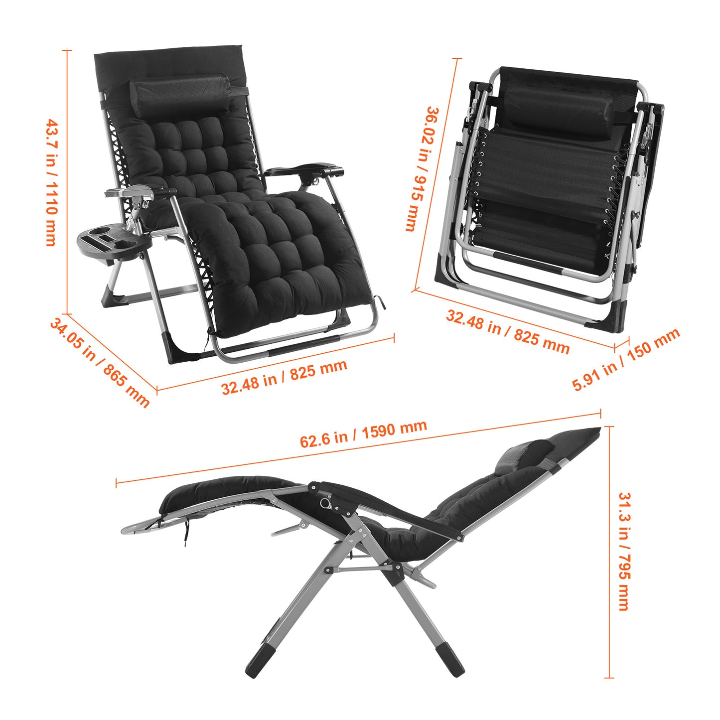 Zero Gravity Relaxstoel – Ligstoel – Lounge Stoel – Tuinstoel – Verstelbare Stoel – Zwart – Draagvermogen 227 kg – Verstelbare Leunstand 90°-170°