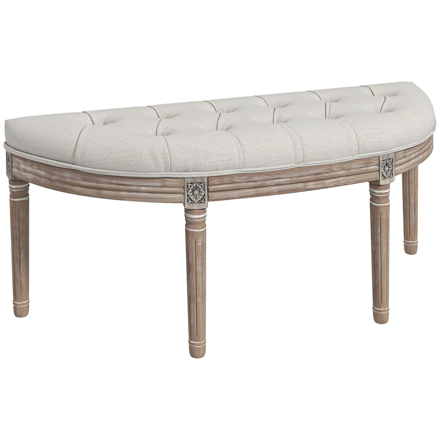 Halvemaanbankje – Halfronde Bank – Zitbankje – Entreebank – Sierbank – Crèmekleur – Massief Hout – Linnen Bekleding – Louis XVI Stijl – Compact 110x44x49 cm – Comfortabele Gevoerde Zitting