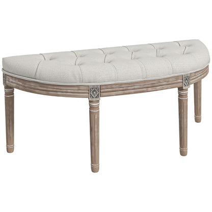 Halvemaanbankje – Halfronde Bank – Zitbankje – Entreebank – Sierbank – Crèmekleur – Massief Hout – Linnen Bekleding – Louis XVI Stijl – Compact 110x44x49 cm – Comfortabele Gevoerde Zitting