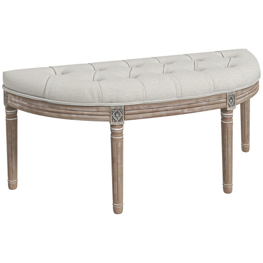 Halvemaanbankje – Halfronde Bank – Zitbankje – Entreebank – Sierbank – Crèmekleur – Massief Hout – Linnen Bekleding – Louis XVI Stijl – Compact 110x44x49 cm – Comfortabele Gevoerde Zitting