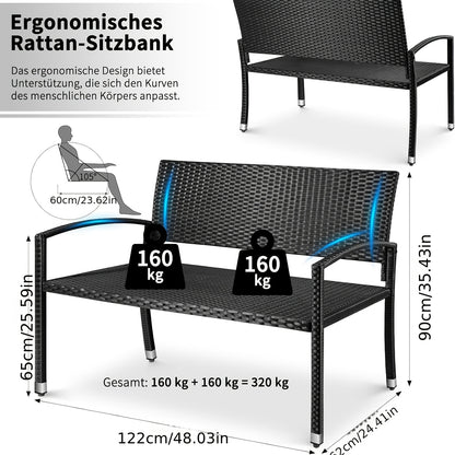 Rattan Lounge Bench, Poly Rattan Double Bench, 2-seater Garden Balcony Bench, Living Room Lounge Chair, Load Capacity 320 Kg, 122 X 62 X 90 Cm, Comfortable Garden Furniture Bench, Park Bench, Double-sided Rattan Bench
