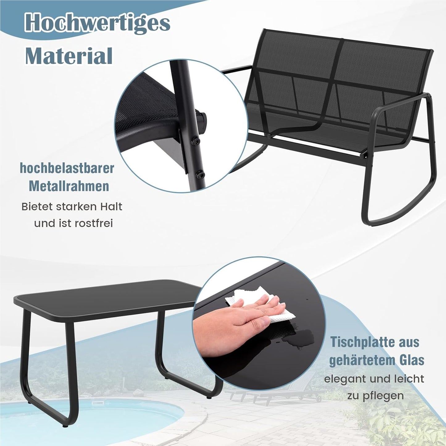 Tuinmeubelset – Tuinset – Loungeset – Balkonset – Terrasmeubilair – 4-Delige Zwart Met Rocking Stoelen – Met Veilig Schommelmechanisme en Versterkt Metaalframe