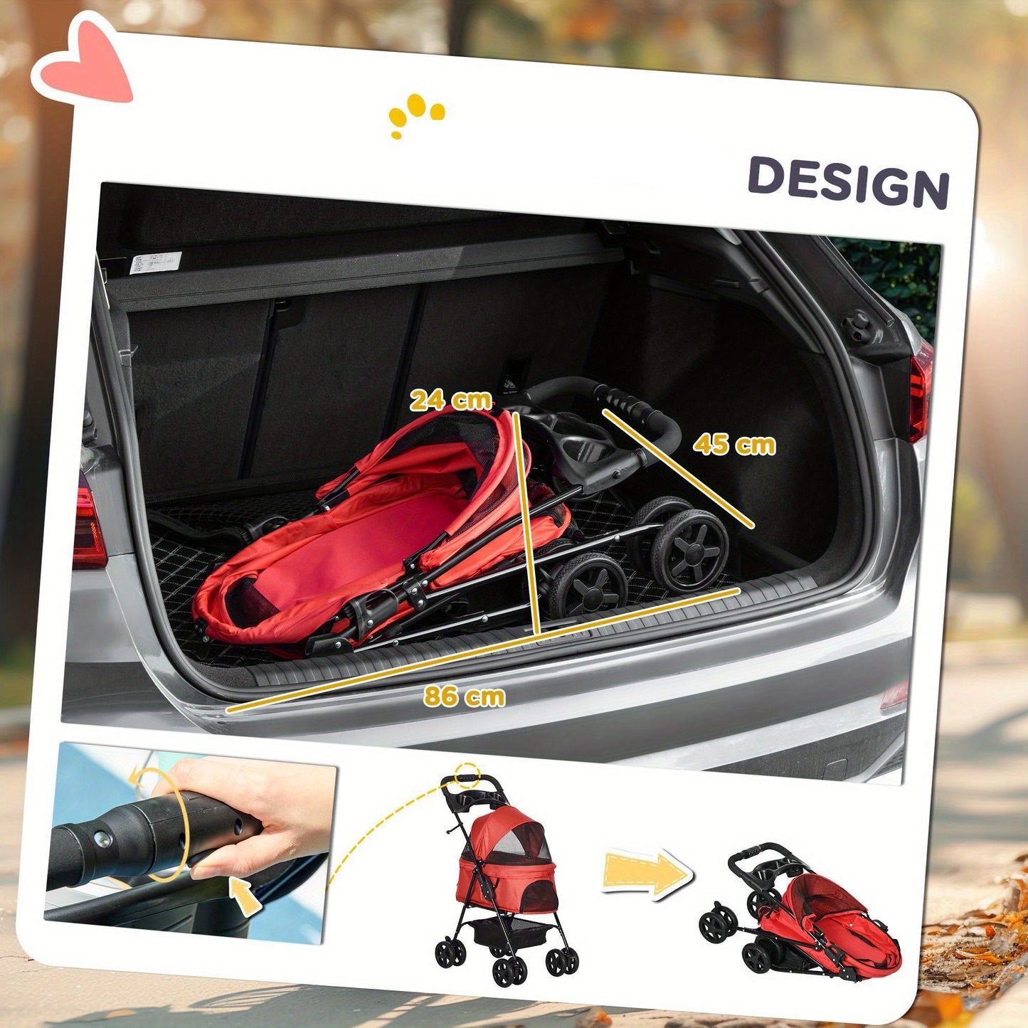 Hondenbuggy – Dierenwagen – Huisdierwagen – Wandelwagen – Dierenbuggy – Opvouwbaar – 4 Wielen Met Remmen – Ventilatie Met Gaaspanelen – Rood – 67x45x96 cm
