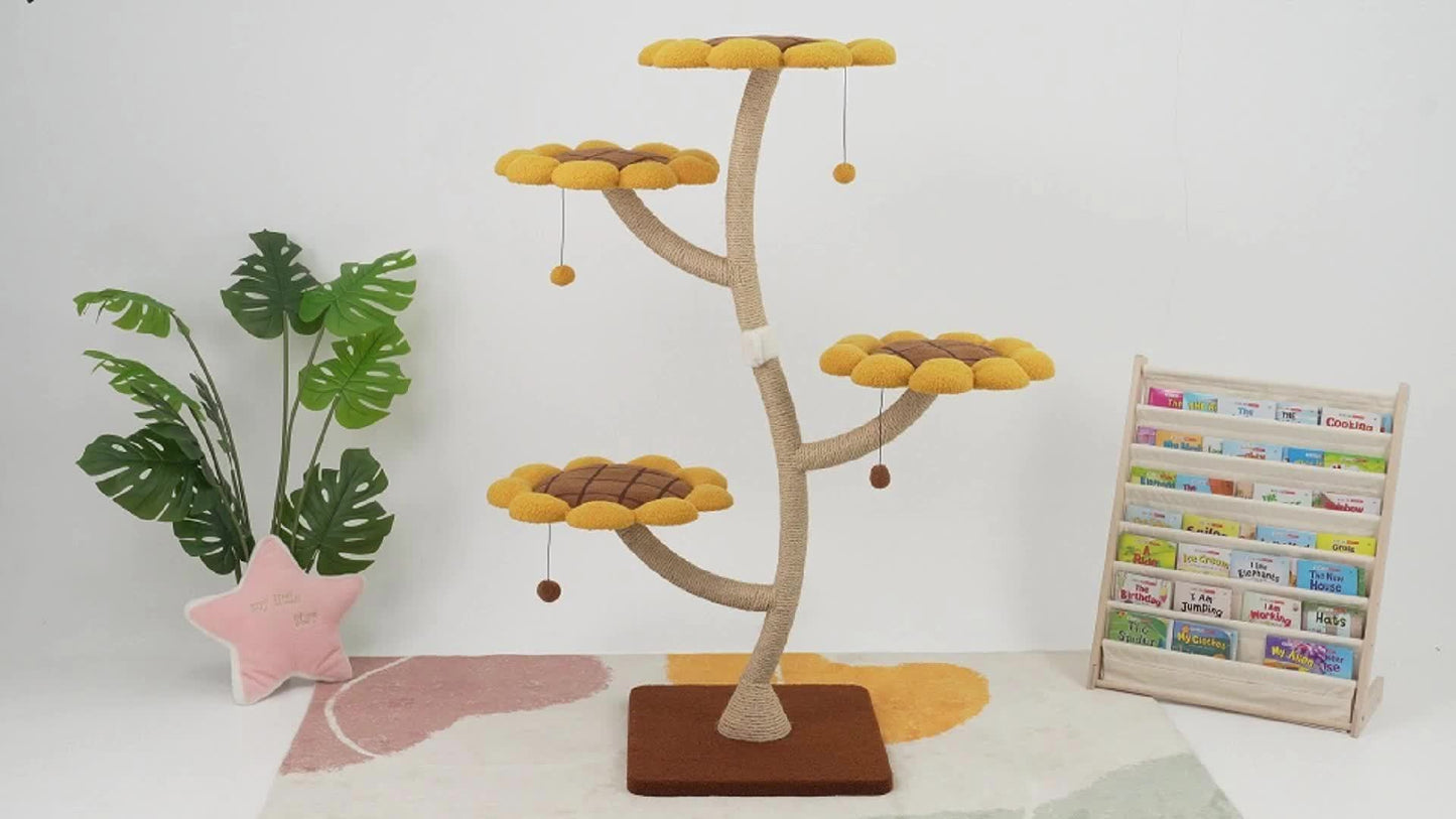 141.99cm Tall Sunflower Cat Tower for Large Cats - Sturdy Alloy Multi-Level Cat Tree with 4 Plush Flower Perches, Sisal Scratching Posts & Hanging - Modern Indoor Activity Center for Play & Relaxation, Cute Cat Tree, Feline A