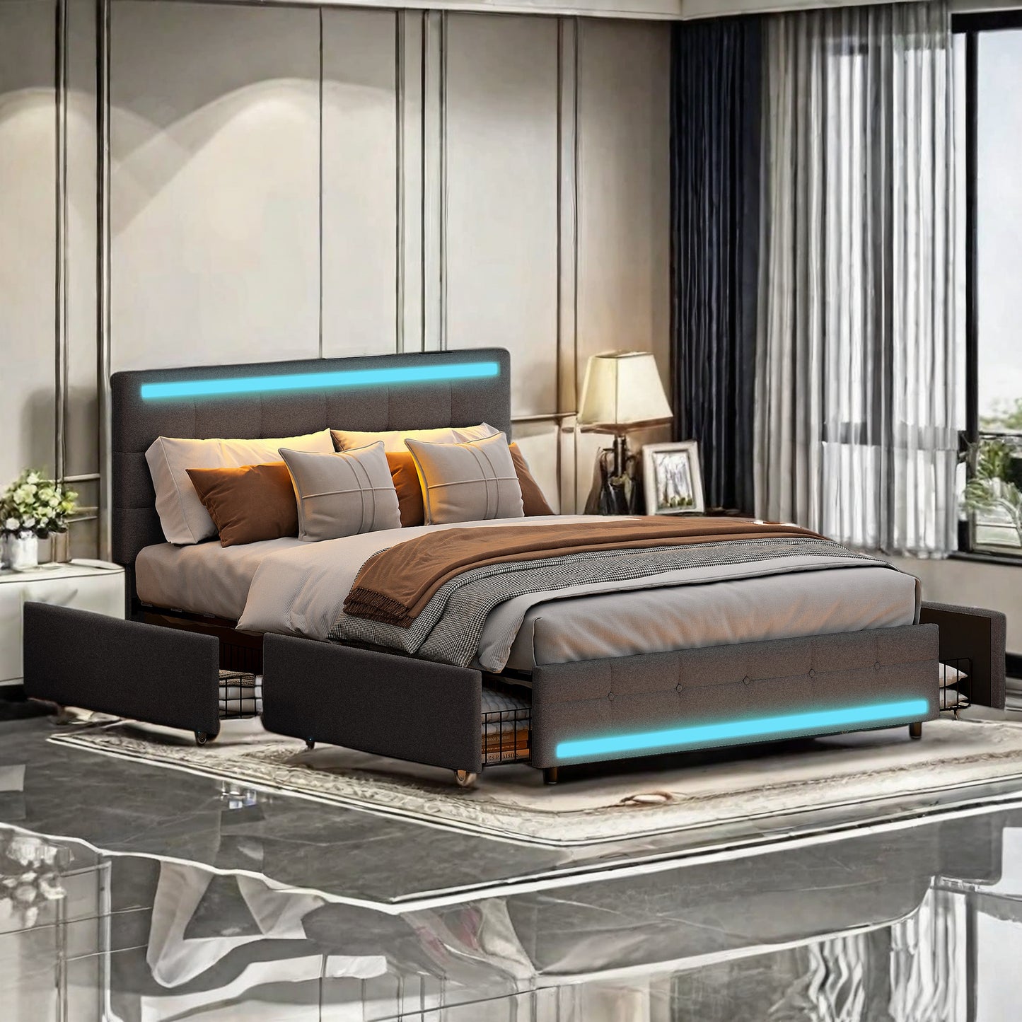Tweepersoonsbed 140x200 – Gestoffeerd Bed – Led-Bed – Opbergbed – Bed Met Lattenbodem – Linnenstof – 2 Usb-Laadpoorten – 4 Ruime Lades
