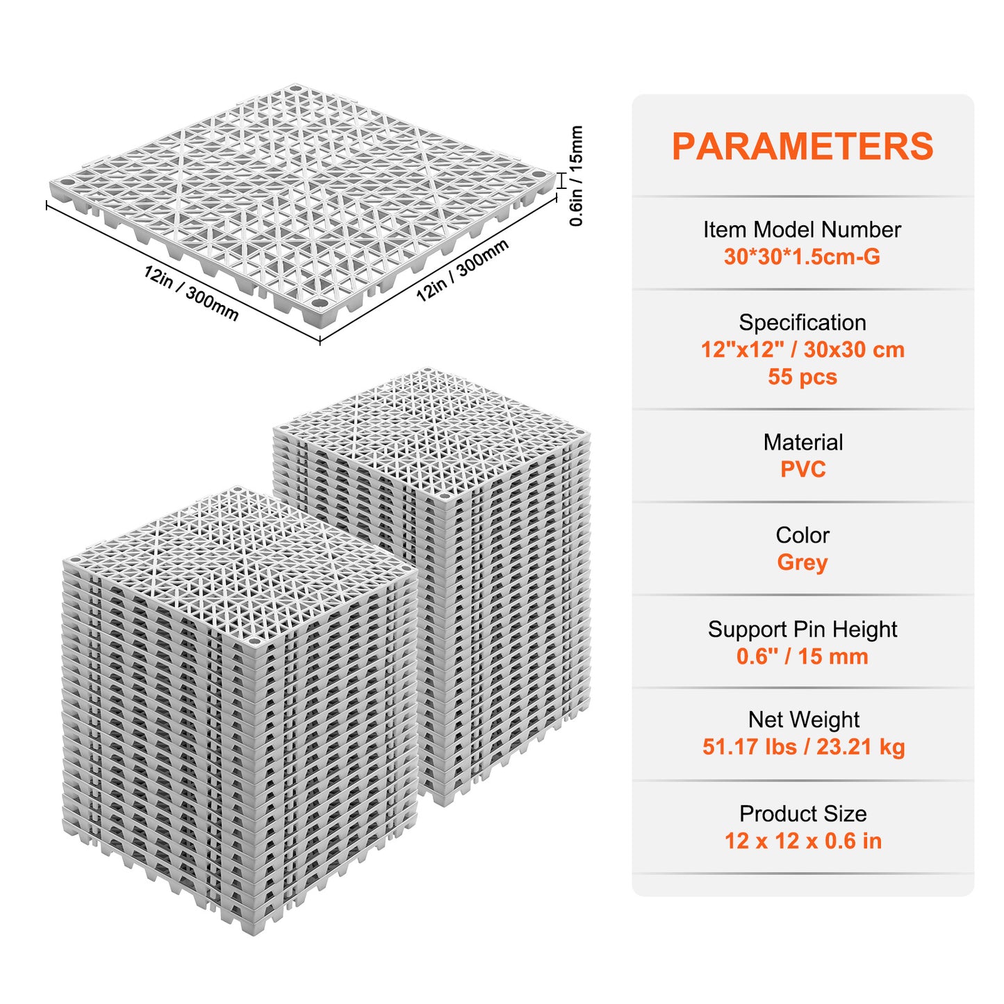 Afvoermat – Vloermat – Drainagemat – Antislip Mat – Grijs – Set Van 55 – Modulaire PVC Vloermatten – Snelle Waterafvoer – Eenvoudige Montage