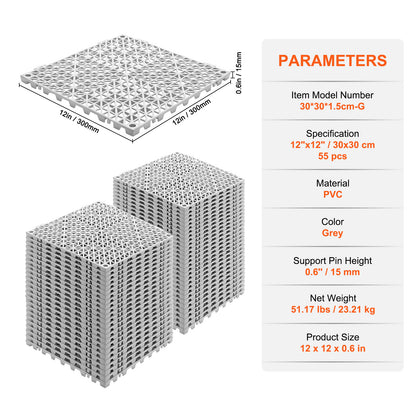 Afvoermat – Vloermat – Drainagemat – Antislip Mat – Grijs – Set Van 55 – Modulaire PVC Vloermatten – Snelle Waterafvoer – Eenvoudige Montage
